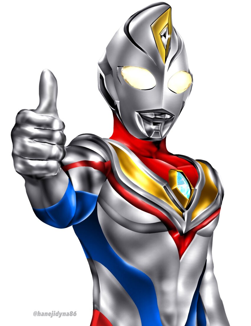 1boy alien armor blue_skin breastplate collarbone color_timer colored_skin commentary compound_eyes dorsal_fin forehead_jewel glowing glowing_eyes hand_up hanejidyna86 highres looking_at_viewer male_focus multicolored_skin muscular muscular_male pectorals red_skin silver_skin simple_background solo standing thumbs_up tokusatsu twitter_username ultra_series ultraman_dyna ultraman_dyna_(flash_type) ultraman_dyna_(series) upper_body white_background wrinkled_skin yellow_eyes