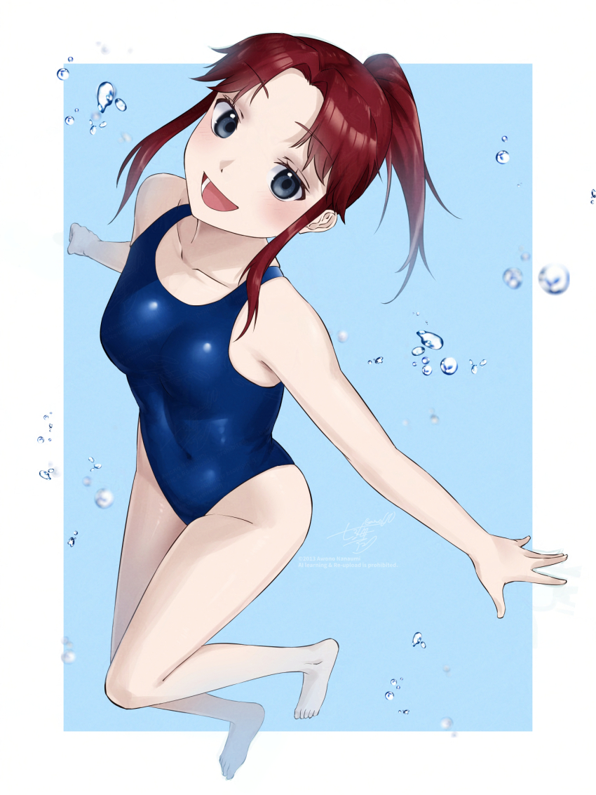 1girl air_bubble awono_nanaumi barefoot black_eyes blue_one-piece_swimsuit breasts brown_hair bubble commission competition_swimsuit freediving highres long_hair one-piece_swimsuit open_mouth original ponytail skeb_commission small_breasts smile solo swimsuit underwater