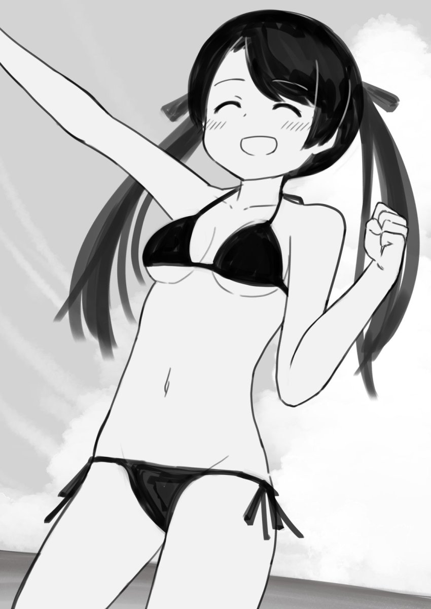 1girl alternate_breast_size arm_up bikini breasts closed_eyes cowboy_shot greyscale highres kantai_collection long_hair mikuma_(2016_swimsuit)_(kancolle) mikuma_(kancolle) monochrome open_mouth side-tie_bikini_bottom small_breasts smile solo standing string_bikini swimsuit twintails yotubawatane