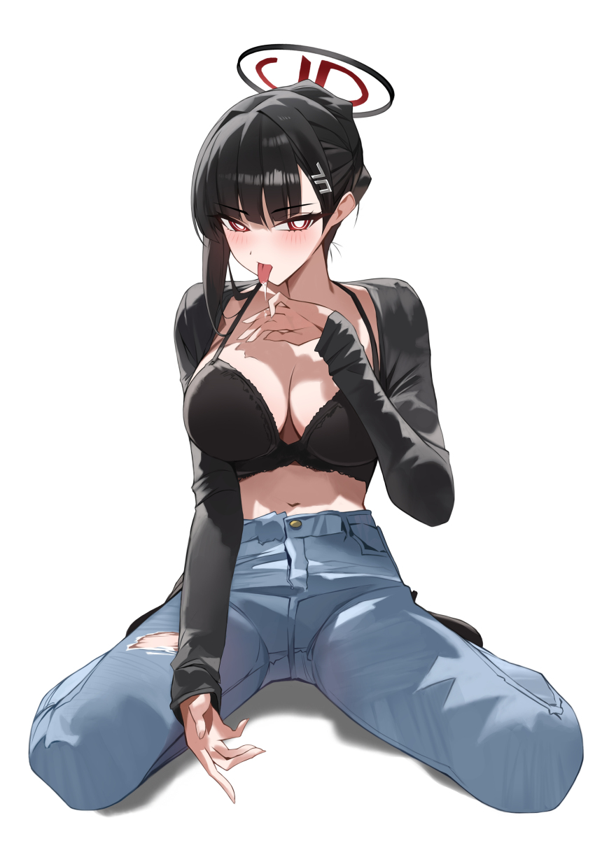 1girl absurdres alternate_costume black_bra black_hair black_halo black_sweater bllustration blue_archive bra breasts commentary denim halo highres jeans large_breasts midriff navel pants red_eyes rio_(blue_archive) short_hair simple_background sitting solo sweater tongue tongue_out torn_clothes torn_jeans torn_pants underwear wariza white_background