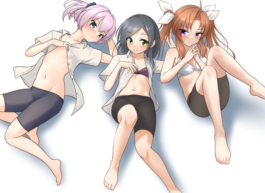 3girls ahoge artist_name barefoot bike_shorts black_hair black_shorts blue_eyes bra brown_hair collarbone collared_shirt commentary_request dress_shirt flat_chest full_body green_eyes groin hair_ribbon kagerou_(kancolle) kagerou_kai_ni_(kancolle) kantai_collection kuroshio_(kancolle) long_hair looking_at_viewer lying midriff multiple_girls navel one-hour_drawing_challenge open_clothes open_shirt own_hands_clasped own_hands_together pink_hair ponytail purple_bra ray.s ribbon shiranui_(kancolle) shiranui_kai_ni_(kancolle) shirt short_ponytail short_sleeves shorts simple_background solo twintails underwear white_background white_bra white_ribbon white_shirt