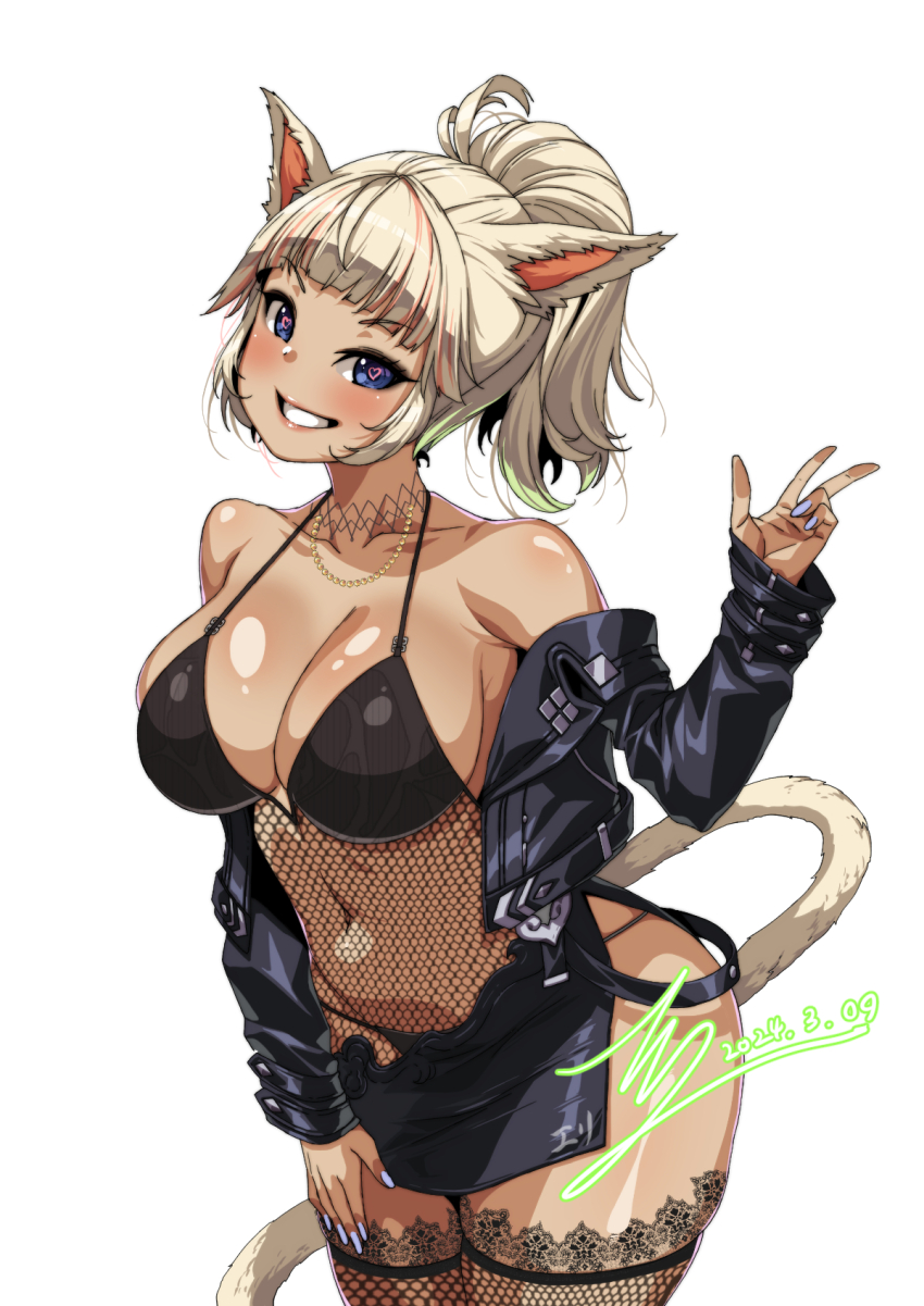 1girl animal_ears armpits black_jacket black_one-piece_swimsuit blonde_hair blue_eyes blush breasts cat_ears cat_tail cleavage commission covered_navel feet_out_of_frame final_fantasy final_fantasy_xiv fishnet_swimsuit fishnet_thighhighs fishnets gyaru hand_on_own_hip heart heart-shaped_pupils highres jacket jewelry kogal large_breasts leather leather_jacket lipstick looking_at_viewer makeup miqo&#039;te multicolored_hair nail_polish necklace one-piece_swimsuit pixiv_commission ponytail rantia shiny_skin signature simple_background smile solo streaked_hair swimsuit symbol-shaped_pupils tail tan teeth thighhighs warrior_of_light_(ff14) white_background