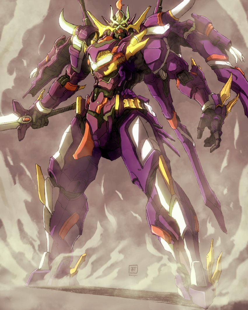 absurdres artist_logo commentary_request full_body highres holding holding_sword holding_weapon logo looking_at_viewer mecha mecha_focus moyan no_humans original robot science_fiction smoke solo standing super_robot sword twitter_username weapon yellow_eyes