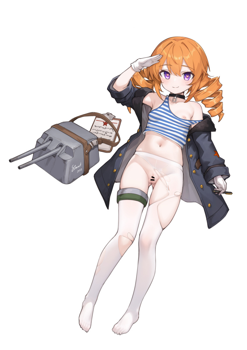 1girl absurdres bar_censor black_jacket breasts censored character_request choker clipboard drill_hair gloves heart heart-shaped_pupils highres jacket midriff nipples off_shoulder open_clothes open_jacket orange_hair pantyhose petite purple_eyes pussy salute shirt simple_background small_breasts smile solo stmast striped_clothes striped_shirt symbol-shaped_pupils tank_top torn_clothes torn_pantyhose twin_drills warship_girls_r white_background white_gloves white_pantyhose