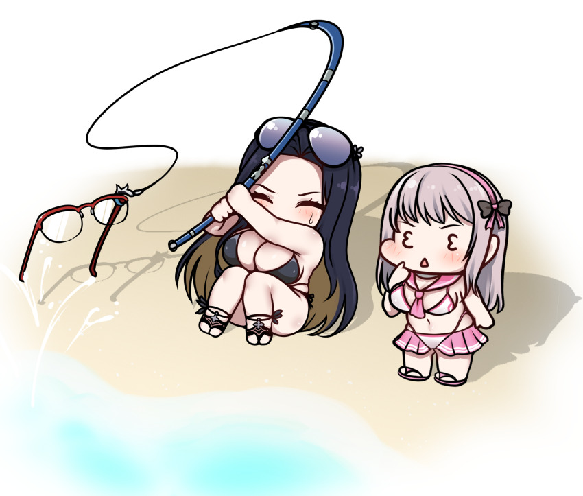 2girls 3_3 bare_shoulders beach bikini bikini_skirt black_hair black_slingshot_swimsuit blue-tinted_eyewear blush breasts chibi chibi_only cleavage closed_eyes commentary_request eyewear_on_head fishing fish_hook fishing_rod flip-flops forehead full_body gameplay_mechanics glasses goddess_of_victory:_nikke grey_hair hairband highleg highleg_bikini highres holding holding_fishing_rod hollyeung korean_commentary large_breasts long_hair maiden_(nikke) maiden_(under_the_sun)_(nikke) medium_breasts multiple_girls navel neckerchief neon_(blue_ocean)_(nikke) neon_(nikke) official_alternate_costume open_mouth over-rim_eyewear parted_bangs pink_hairband pink_neckerchief pink_sailor_collar pink_skirt sailor_collar sandals semi-rimless_eyewear shadow side-tie_swimsuit sidelocks sitting skirt slingshot_swimsuit standing stomach sunglasses sweat swimsuit tinted_eyewear triangle_mouth unworn_eyewear very_long_hair white_bikini