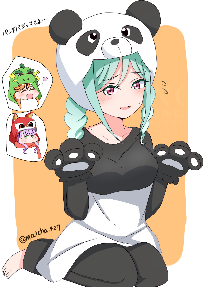 3girls :d ^_^ absurdres aqua_hair barefoot black_pajamas blush border braided_twintails breasts closed_eyes closed_mouth collarbone commentary dot_mouth dragon dragon_hat eastern_dragon flying_sweatdrops heart highres jitome looking_at_viewer love_live! love_live!_superstar!! matcha_moti_(matcha_427) medium_breasts medium_hair multiple_girls nervous_smile official_alternate_costume onitsuka_tomari open_mouth orange_background orange_hair outside_border pajamas panda_hat pink_eyes purple_hair shibuya_kanon simple_background sitting sleepover smile solo_focus spoken_character sweatdrop translation_request twitter_username two-tone_pajamas white_border white_pajamas wien_margarete yokozuwari