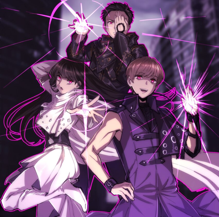 1girl 2boys arm_up armor black_coat black_hair black_headwear black_jacket black_pants blurry blurry_background brown_hair buttons cape city clock clock_hands coat collared_shirt commentary_request cosplay detached_sleeves glowing glowing_eyes glowing_hand glowing_hands grin hand_up heure heure_(cosplay) heure_(zi-o) heure_(zi-o)_(cosplay) high_heels highres jacket kamen_rider kamen_rider_zi-o_(series) leaning_forward light_particles light_smile long_coat long_hair looking_at_viewer mido_(byebyebye03) multiple_boys myoukouin_geiz ora_(kamen_rider_zi-o) ora_(kamen_rider_zi-o)_(cosplay) ora_(zi-o) outstretched_arm pants protected_link sash shirt short_hair short_sleeves shoulder_armor shoulder_sash skirt sky smile striped_clothes striped_shirt swartz_(zi-o) tokiwa_sougo trench_coat tsukuyomi_(zi-o) upper_body white_cape white_headwear white_jacket white_shirt white_skirt yellow_eyes