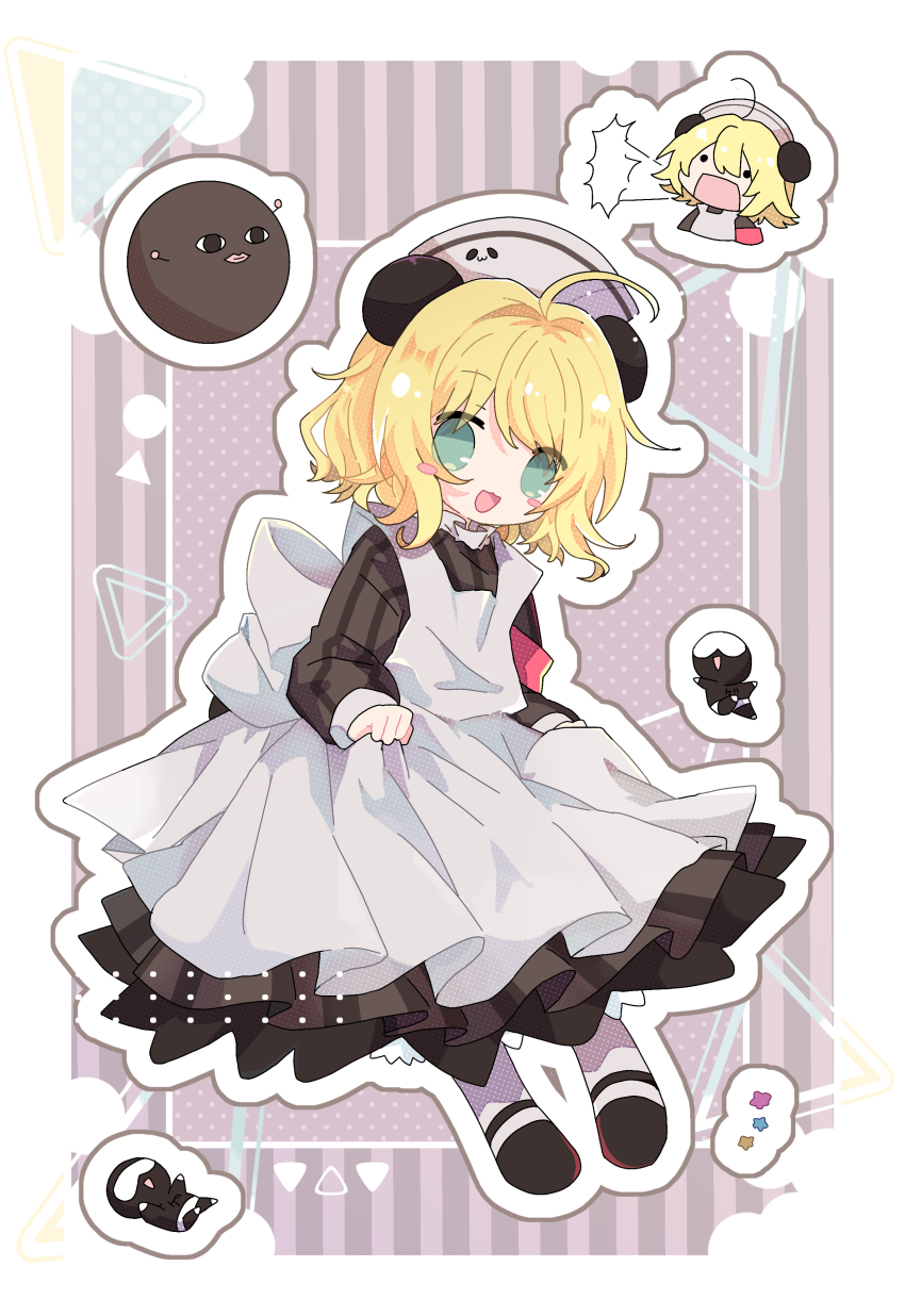 1girl absurdres ahoge animal_ears apron bear_ears black_dress black_shoes blonde_hair blush blush_stickers di_gi_charat dress full_body green_eyes hat highres long_sleeves looking_at_viewer nazo_gema open_mouth piyoko sakana_nosuke shoes socks white_apron white_socks