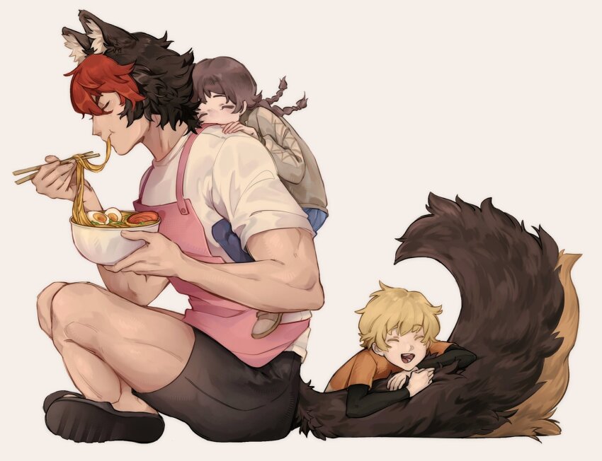 1girl 2boys animal_ear_fluff animal_ears black_hair black_shirt black_shorts black_slippers blonde_hair blue_pants bowl braid brown_hair brown_shoes child chopsticks closed_eyes cross-laced_clothes cross-laced_sleeves crossed_legs dog_boy dog_ears eating food from_side grey_background hand_on_another&#039;s_shoulder heart heart_print highres holding holding_bowl komano_manato long_hair multicolored_hair multiple_boys muscular muscular_male noodles open_mouth orange_shirt pants person_on_back person_on_tail ramen red_hair reiiterihehe scar scar_across_eye scar_on_face shirt shoes short_hair shorts sitting slippers smock white_shirt zenless_zone_zero