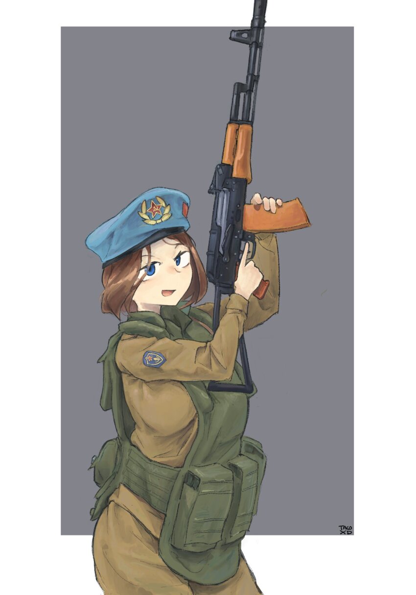 1girl ak-74 aks-74 assault_rifle beret blue_eyes blue_hat body_armor brown_hair folding_stock gun hat highres holding holding_gun holding_weapon kalashnikov_rifle military_combat_uniform military_uniform open_mouth original rifle russian_ground_forces solo taco_xd69 trigger_discipline vdv weapon