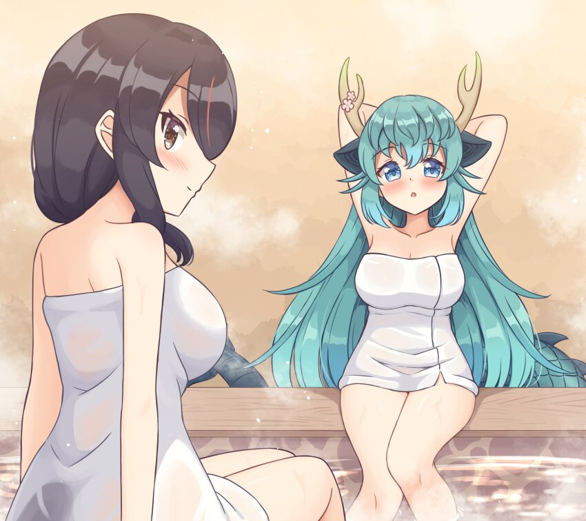 2girls absurdres alternate_costume animal_ears arms_behind_back bare_arms bare_legs bare_shoulders black_hair blue_dragon_(kemono_friends) blue_eyes blue_hair blush brown_eyes collarbone dragon_ears dragon_girl dragon_horns dragon_tail emperor_penguin_(kemono_friends) hair_between_eyes hair_over_one_eye highres horns kemono_friends long_hair looking_at_viewer looking_back multicolored_hair multiple_girls naked_towel onsen penguin_girl red_hair shiraha_maru short_hair sidelocks sitting streaked_hair tail towel