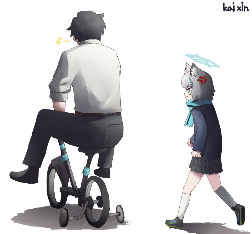 1boy 1girl aged_down anger_vein angry animal_ear_fluff animal_ears back black_hair black_jacket black_pants black_skirt blue_archive blue_archive_the_animation blue_eyes blue_scarf business_casual collared_shirt commentary extra_ears full_body grey_hair hair_between_eyes halo height_difference highres jacket kai_xin kneehighs long_sleeves looking_at_another official_alternate_hairstyle pants plaid_clothes plaid_skirt pleated_skirt riding_tricycle scarf school_uniform sensei_(blue_archive) sensei_(blue_archive_the_animation) shiroko_(blue_archive) shiroko_(young)_(blue_archive) shirt shoes short_hair sidelocks simple_background skirt sneakers socks tricycle walking white_background white_shirt white_socks wolf_ears wolf_girl