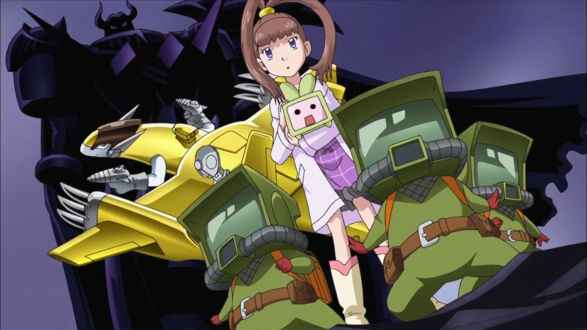 amano_nene_(digimon_xros_wars) backpack bag belt boots brown_hair cape coat darkknightmon digimon digimon_(creature) digimon_xros_wars energy_gun highres horns looking_at_viewer monimon monitamon ninja purple_eyes ray_gun sakutekimonitamon screencap sparrowmon weapon wings