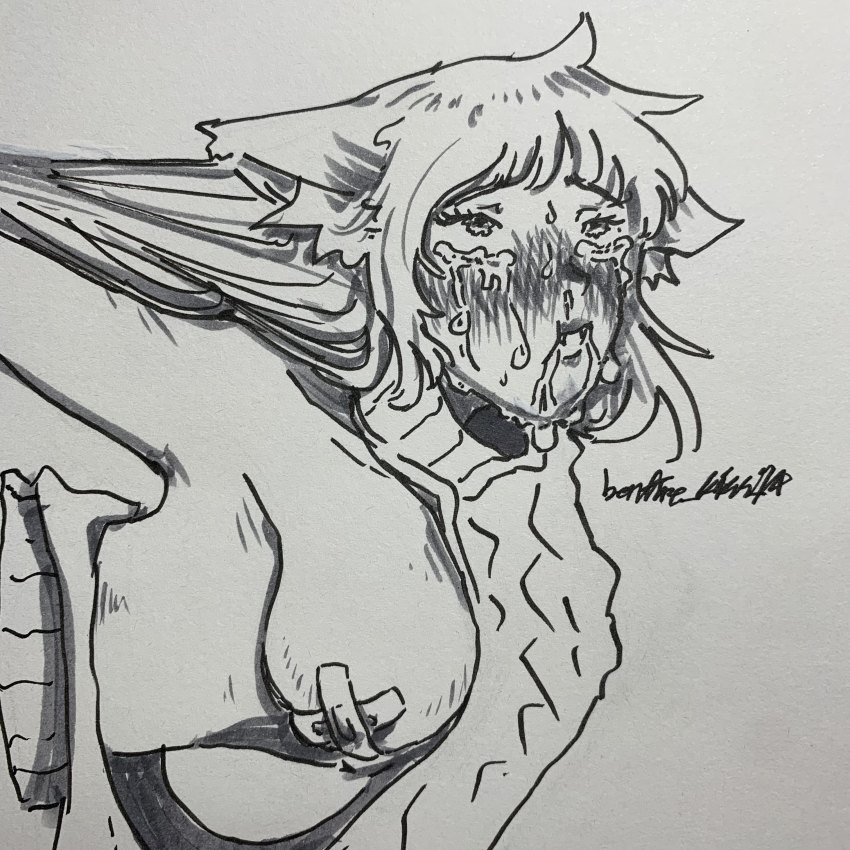 1girl absurdres ahegao animal_ears arm_pull armpits arms_behind_back bandages bonfire_kiss_74 breasts crossed_bandaids crying crying_with_eyes_open ears_down fox_ears fox_girl grabbing_another&#039;s_hair highres large_breasts long_hair looking_up pasties sliva tape tape_on_nipples tears upper_body