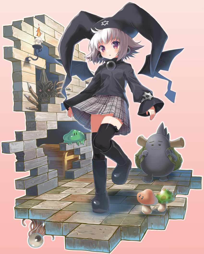 1girl 5others absurdres bat_wings black_boots black_hat black_shirt black_sweater black_thighhighs black_wings boots breasts commentary_request detached_wings dungeon earrings floating_clothes full_body hat hexagram highres jewelry kuro_unyuu looking_at_viewer mayura monster multiple_others mushroom naox open_mouth orb pink_background plaid_clothes plaid_skirt purple_eyes shirt short_hair skirt slime_(creature) small_breasts sphere_earrings star_of_david sweater thighhighs treasure_chest ukagaka white_hair white_skirt wings zettai_ryouiki
