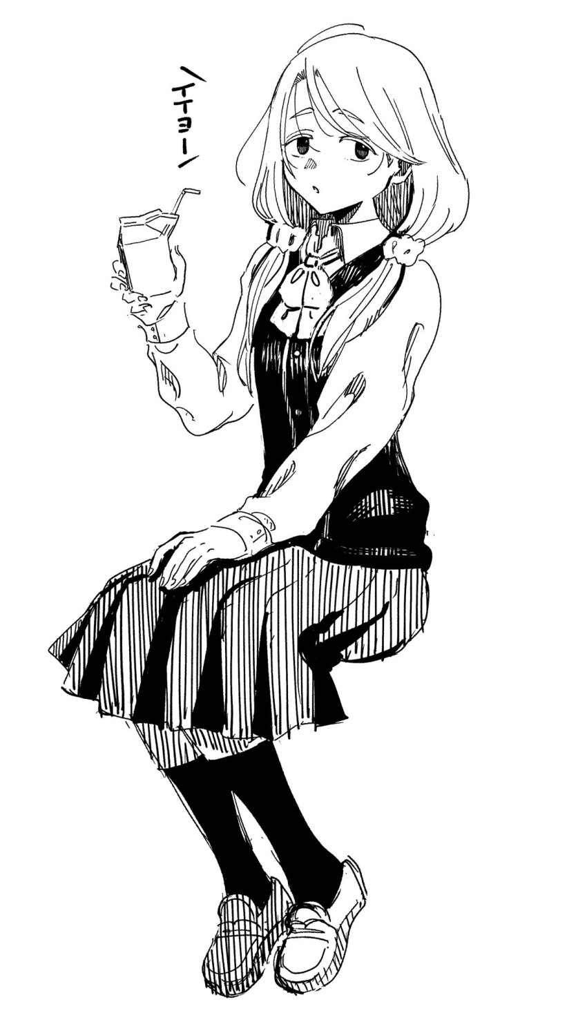 1girl bow bowtie buttoned_cuffs buttons cardigan_vest carton collared_shirt commentary drinking_straw expressionless full_body greyscale hair_ornament hair_over_shoulder hair_scrunchie hand_on_own_thigh hand_up highres holding_carton invisible_chair kirin_no_obake kneehighs loafers long_hair long_sleeves looking_at_viewer low_twintails mono_(afro) monochrome parted_lips pleated_skirt scrunchie shikishima_sakurako shirt shoes simple_background sitting sketch skirt socks translated twintails white_background