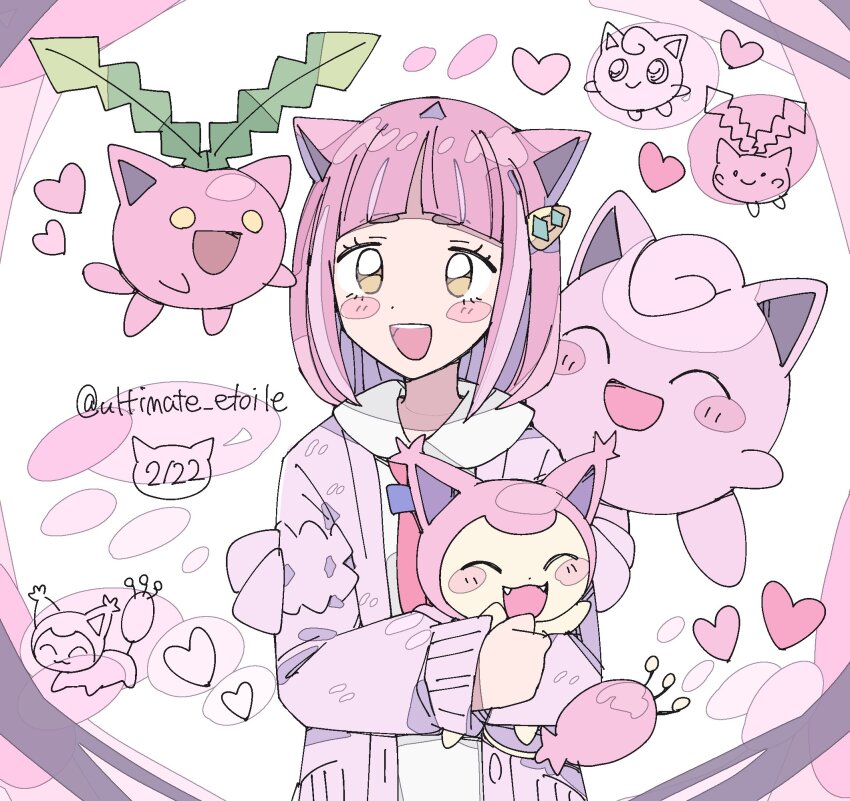 1girl :3 :d animal_ears arched_bangs blush_stickers cardigan cat cat_ears cat_girl chibi chibi_inset closed_eyes dated fangs floating gen_1_pokemon gen_2_pokemon gen_3_pokemon hair_ornament hairclip heart highres holding holding_pokemon hoppip jigglypuff lacey_(pokemon) looking_at_viewer neckerchief nintendo open_cardigan open_clothes open_mouth pink_fur pink_hair pokemon pokemon_(creature) pokemon_sv purple_cardigan red_neckerchief remoooon shirt short_hair simple_background skitty smile upper_body white_background white_shirt yellow_eyes yellow_fur