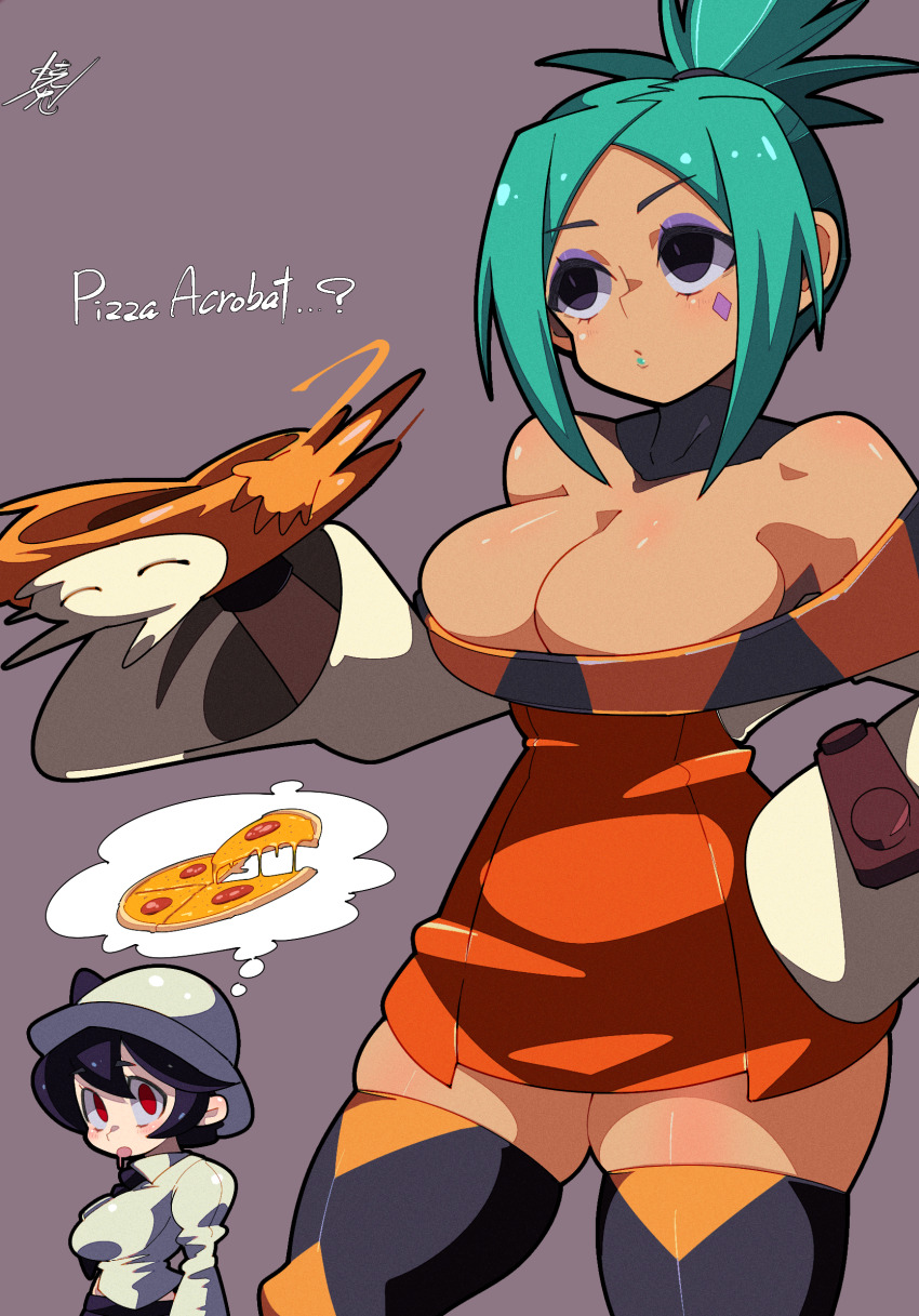 2girls bare_shoulders black_hair breasts cerebella_(skullgirls) cleavage closed_mouth dark-skinned_female dark_skin diamond_facial_mark dress eyeshadow facial_mark filia_(skullgirls) food green_hair green_lips hand_on_own_hip hat highres large_breasts lipstick looking_up makeup multiple_girls open_mouth orange_dress pizza ponytail red_eyes school_uniform shirt skullgirls thighhighs thighs vice-versa_(skullgirls) white_shirt yaki_usagi zettai_ryouiki
