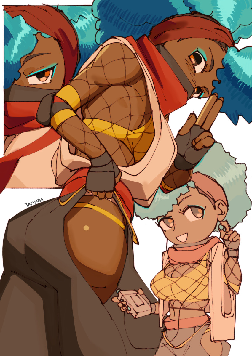 1girl 3amsoda afro ass blue_eyeshadow blue_hair bra breasts dark-skinned_female dark_skin earbuds earphones elbow_pads eyeshadow fingerless_gloves fishnets gloves hairband highres hip_vent kimberly_jackson kuji-in large_breasts makeup mask mouth_mask ninja official_alternate_costume official_alternate_hairstyle open_clothes panties panty_peek red_hairband red_scarf scarf sideboob sports_bra street_fighter street_fighter_6 thighhighs underwear walkman yellow_panties yellow_sports_bra