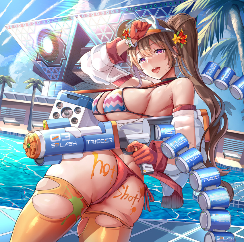 1girl :d album_cover ass bare_shoulders bikini breasts cloud comiket_100 commentary cover detached_sleeves flower forehead gloves gun hair_flower hair_ornament hand_up himuro_shunsuke holding holding_gun holding_weapon jacket large_breasts long_hair looking_at_viewer looking_back open_mouth original outdoors paint_splatter palm_tree pink_eyes pool rainbow_gradient red_gloves side-tie_bikini_bottom sideboob sky smile solo sweatdrop swimsuit teeth thighhighs thong tongue tongue_out torn_clothes torn_thighhighs tree twintails upper_teeth_only water_gun weapon yellow_thighhighs