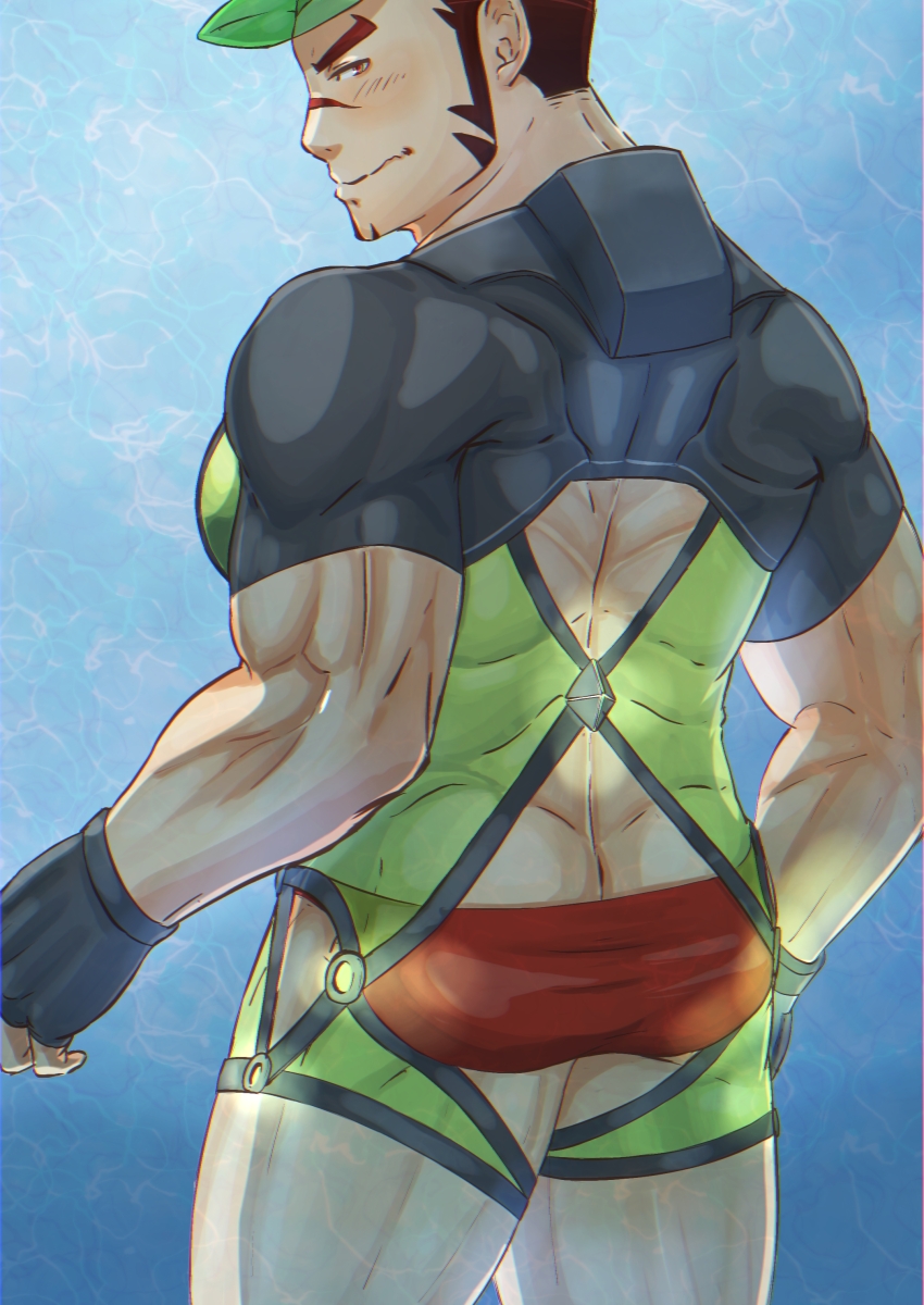 1boy absurdres akashi_(live_a_hero) akashi_(water_bullet)_(live_a_hero) ass bara bodysuit butt_crack cowboy_shot facial_hair from_behind goatee green_bodysuit green_male_swimwear highres live_a_hero long_sideburns looking_back male_focus male_swimwear muscular muscular_male profile red_eyes red_hair red_male_swimwear sabita_kan scar scar_on_face scar_on_nose short_hair sideburns solo standing swim_briefs thick_eyebrows wavy_mouth