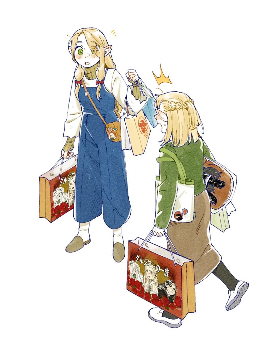 2girls ^^^ alternate_costume bag blonde_hair blush bow braid contemporary dungeon_meshi elf full_body green_eyes hair_bow handbag highres jacket long_hair long_skirt looking_at_another low-tied_sidelocks maaa_0211 marcille_donato multiple_girls open_mouth overalls pattadol pointy_ears shoes shopping_bag sidelocks skirt surprised sweatdrop twintails walking