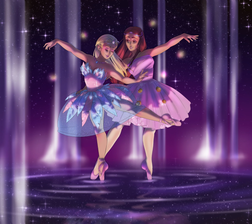 2girls ballerina ballet ballet_dress ballet_slippers barbie_(character) barbie_(franchise) barbie_of_swan_lake breasts brown_hair cleavage closed_eyes corset dancing dark-skinned_female dark_skin dress duet eyeshadow fairy_queen_(swan_lake) feather_dress feather_skirt feather_trim feathers gem highres long_hair looking_at_another makeup multiple_girls night odette_(barbie) odette_(swan_lake) outstretched_arm p3ngu pink_dress pink_eyeshadow pink_shoes purple_background purple_sky ripples see-through_clothes see-through_skirt shadow shoes skirt sky smile star_(sky) starry_sky strapless strapless_dress tan teresa_(barbie) tiara tutu water waterfall yuri