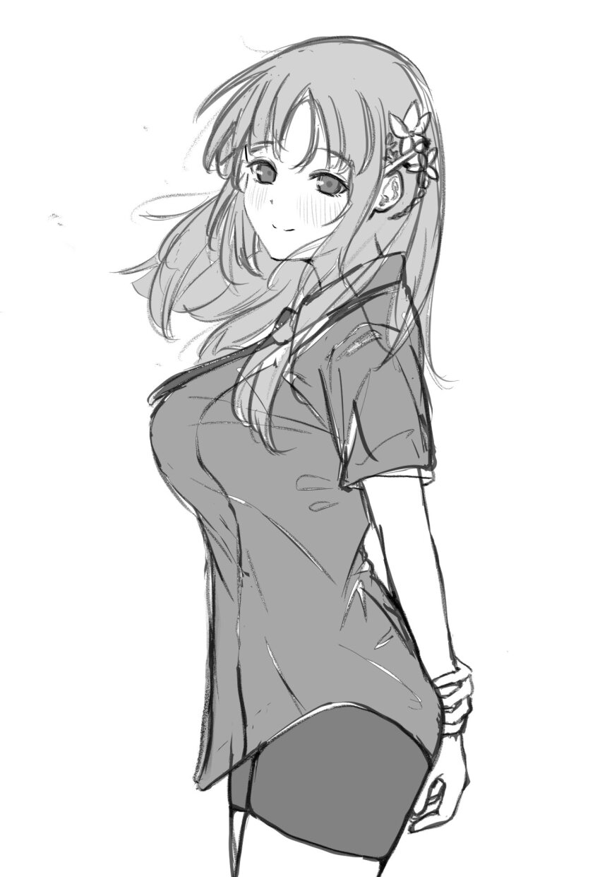 1girl arms_behind_back bashou_(senran_kagura) blush breasts collared_shirt flower greyscale hair_flower hair_ornament hand_on_own_wrist highres large_breasts looking_at_viewer monochrome necktie senran_kagura senran_kagura_new_link senran_kagura_new_wave shirt short_shorts shorts smile