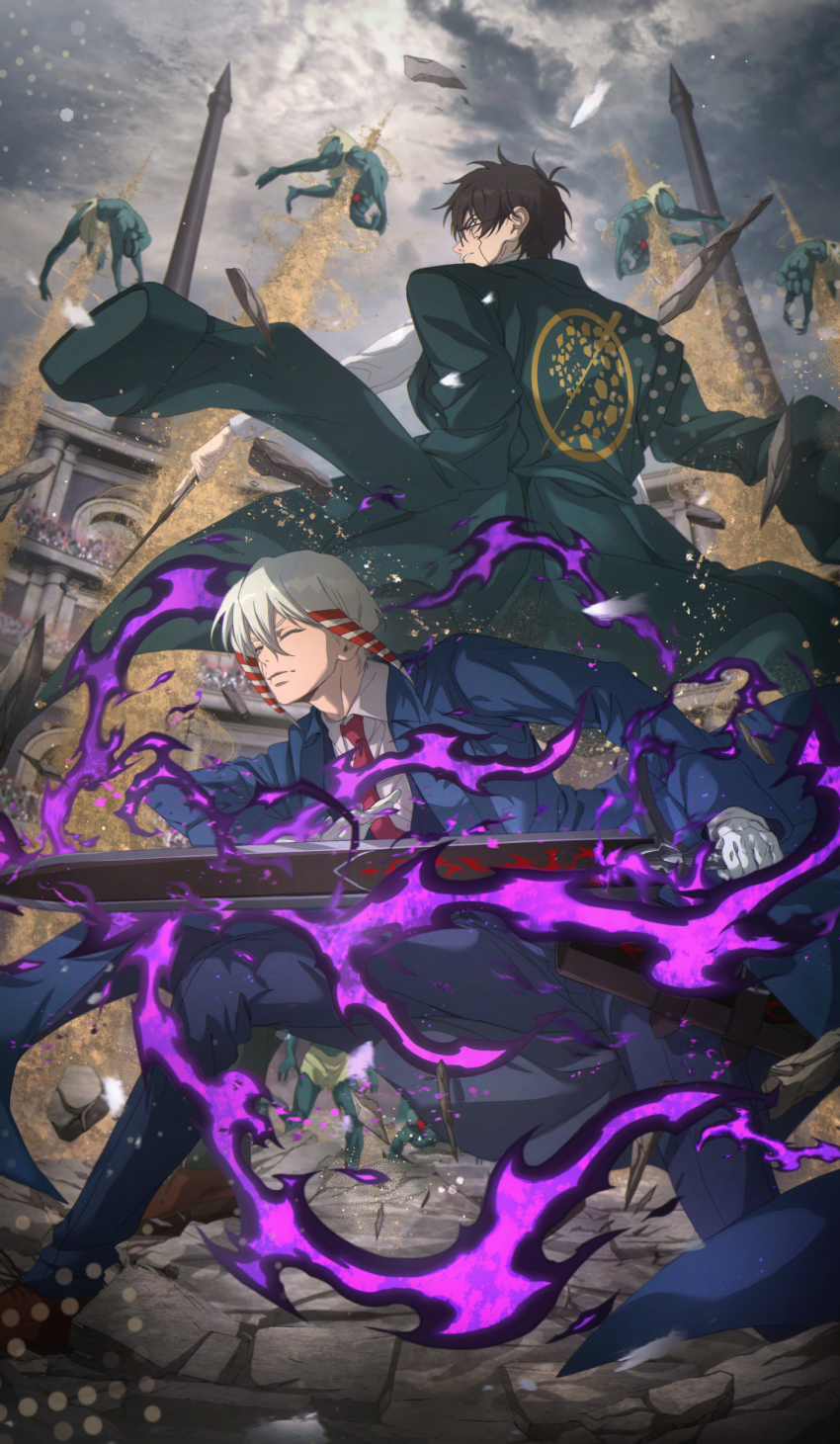 2boys absurdres arena battle black_hair black_robe collared_shirt gloves ground_shatter highres holding holding_sword holding_weapon kagura_kurosaki kaldo_gehenna long_sleeves mashle multiple_boys necktie orter_madl outdoors red_necktie robe shirt short_hair sword weapon white_gloves white_hair