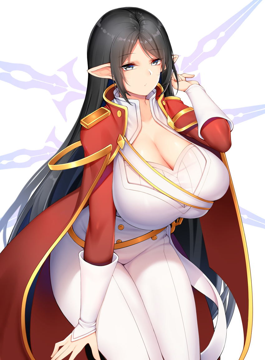 1girl adele_(maplestory) black_hair blush breasts cape chixiao cleavage closed_mouth collarbone grey_eyes high_collar highres huge_breasts jacket long_hair long_sleeves looking_at_viewer maplestory military military_uniform pants parted_bangs pointy_ears red_cape red_jacket simple_background solo tagme very_long_hair white_background white_pants white_uniform