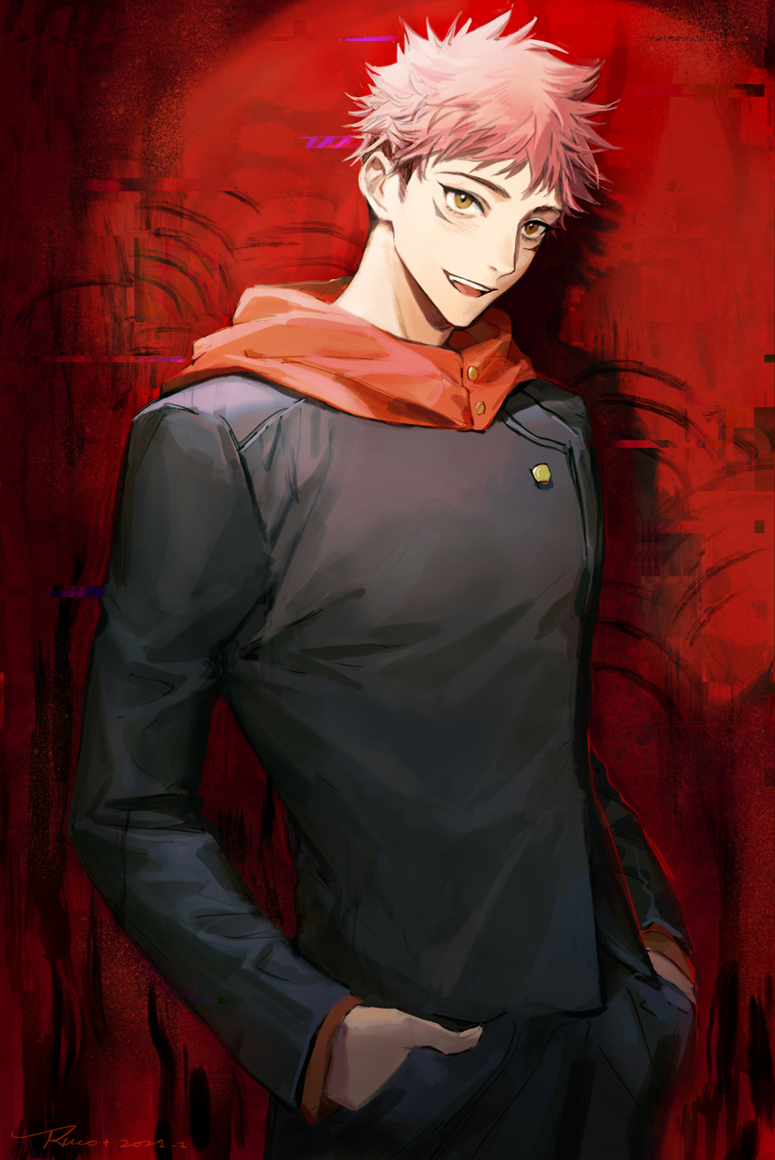 1boy black_jacket black_pants brown_eyes cowboy_shot facial_mark gakuran hands_in_pockets highres hood hood_down hoodie itadori_yuuji jacket jujutsu_kaisen long_sleeves looking_at_viewer male_focus open_mouth pants pink_hair red_background red_hoodie ru_(famia) school_uniform short_hair smile solo spiked_hair standing undercut yellow_eyes