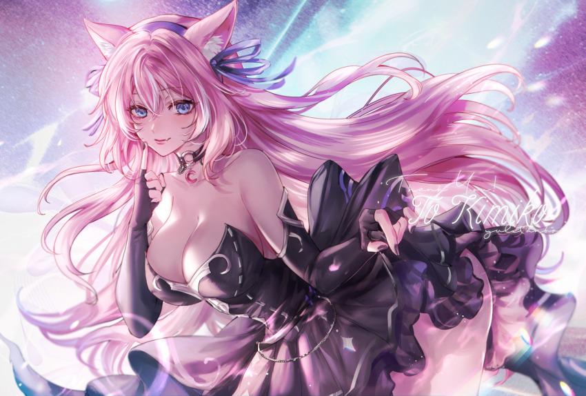 1girl animal_ear_fluff animal_ears bare_shoulders black_choker black_gloves black_nails blue_background blue_eyes blush breasts cat_ears cat_girl character_name choker closed_mouth commission crescent_collar dress elbow_gloves english_text fang fingerless_gloves fingernails frilled_dress frills gloves gradient_background hair_ribbon hairband index_finger_raised indie_virtual_youtuber kimiko_(vtuber) large_breasts long_hair looking_at_viewer nail_polish o-ring o-ring_choker pink_background pink_hair pink_lips purple_hairband purple_ribbon ribbon skeb_commission skin_fang smile solo strapless strapless_dress thank_you virtual_youtuber yuli_(yulipo)
