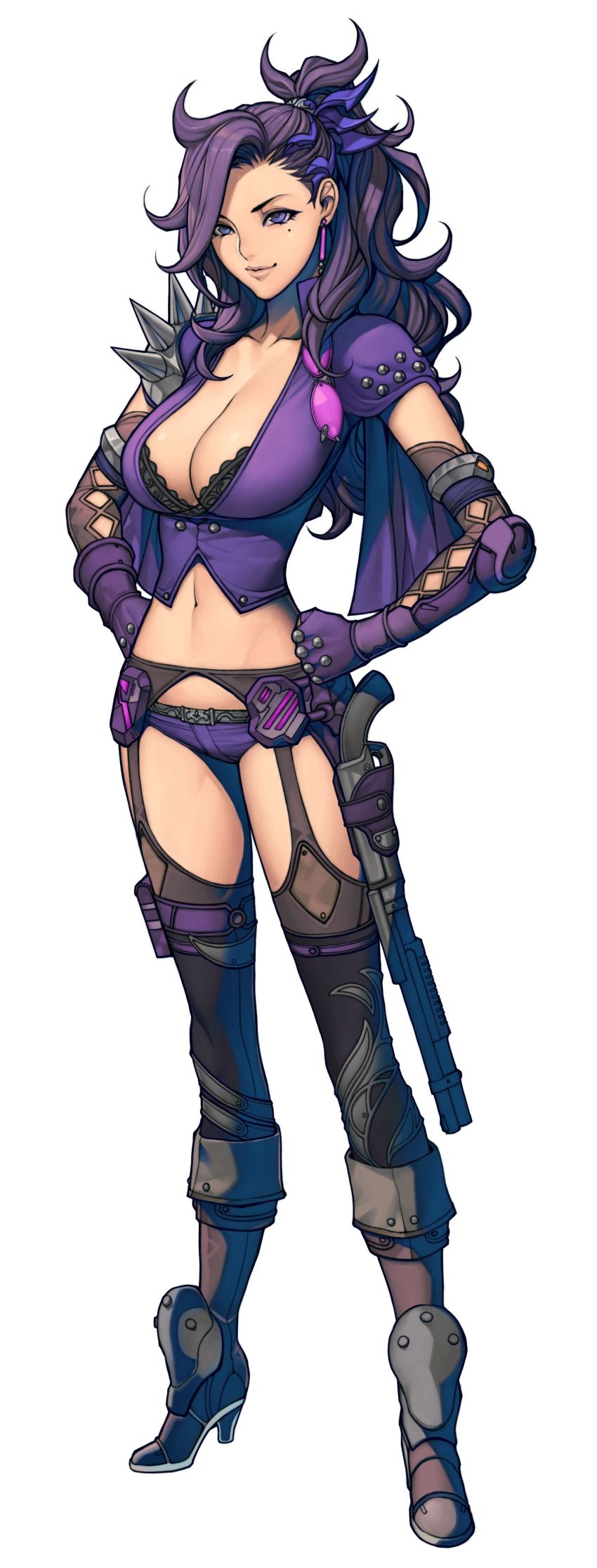 1girl absurdres armor boots breasts cleavage collarbone earrings elbow_gloves female_focus full_body glasses gloves gun hands_on_own_hips high_heel_boots high_heels highres holster jewelry knee_boots large_breasts lips long_hair metal_max metal_max_xeno midriff mole mole_under_eye navel oda_non official_art ponytail purple_eyes purple_hair short_shorts shorts shotgun shoulder_pads shoulder_spikes simple_background solo spikes standing thighhighs weapon white_background