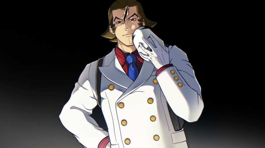 1boy absurdres ace_attorney blue_necktie bobby_fulbright brown_eyes brown_hair buttons collared_shirt double-breasted gloves hand_up highres holding holding_mask jacket looking_at_viewer male_focus mask necktie phoenix_wright:_ace_attorney_-_dual_destinies red_shirt sano_(hospital_0434) shirt short_hair solo spoilers torn_mask upper_body white_gloves white_jacket