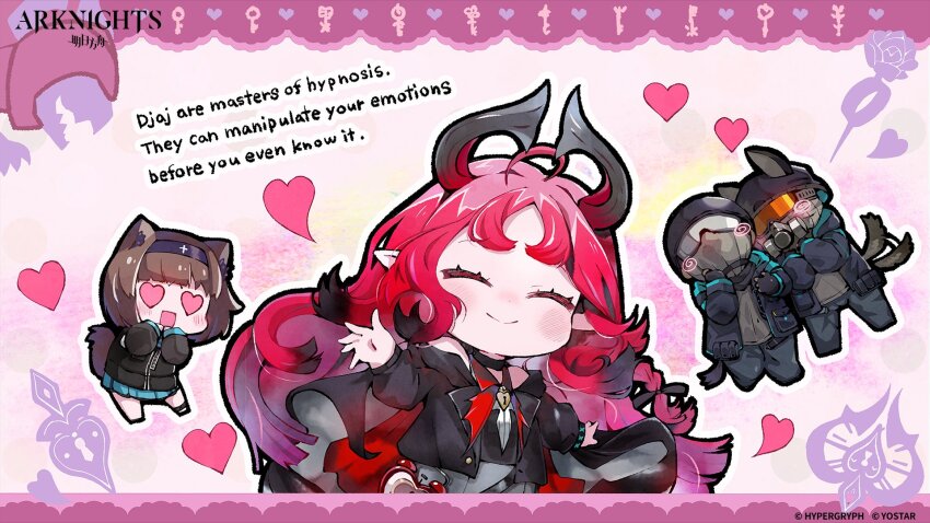 2boys 2girls :d ^_^ afterimage animal_ear_fluff animal_ears arknights bare_shoulders black_choker black_helmet black_jacket blue_skirt blush brown_hair character_request chibi choker closed_eyes closed_mouth grey_pants grey_skirt heart heart-shaped_eyes helmet highres jacket long_sleeves mask multiple_boys multiple_girls nymph_(arknights) off_shoulder official_art open_clothes open_jacket open_mouth pants pleated_skirt pointy_ears puffy_long_sleeves puffy_sleeves respirator rhodes_island_medic_(arknights) shirt skirt sleeveless sleeveless_shirt smile sukima_(crie) tail tail_wagging white_shirt