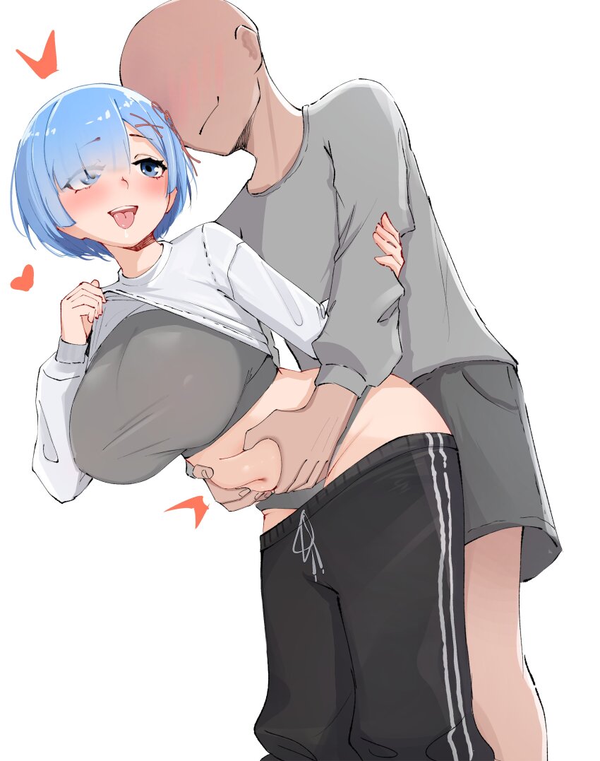 1boy 1girl absurdres babywipes black_pants blue_eyes blush breasts clothes_lift clothes_pull commentary commission contemporary english_commentary faceless faceless_male grabbing_another&#039;s_stomach grey_panties grey_sports_bra hair_ornament hair_over_one_eye heart hetero highres large_breasts long_sleeves naughty_face navel panties pants pants_pull plump re:zero_kara_hajimeru_isekai_seikatsu rem_(re:zero) shirt shirt_lift short_hair simple_background sports_bra tongue tongue_out track_pants underwear white_background white_shirt x_hair_ornament