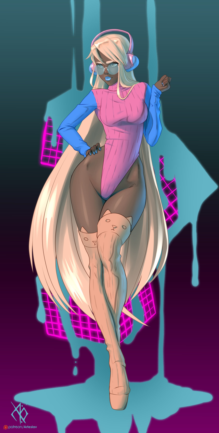 1girl absurdres arteslav artist_name athma_(arteslav) blonde_hair breasts closed_mouth commentary_request dark-skinned_female dark_skin fingernails full_body glasses gradient_background hand_on_own_hip hand_up headphones highleg highleg_leotard highres legs leotard lips long_hair long_sleeves looking_away makeup nail_polish original ribbed_leotard shiny_skin simple_background thighhighs thighs turtleneck very_long_hair