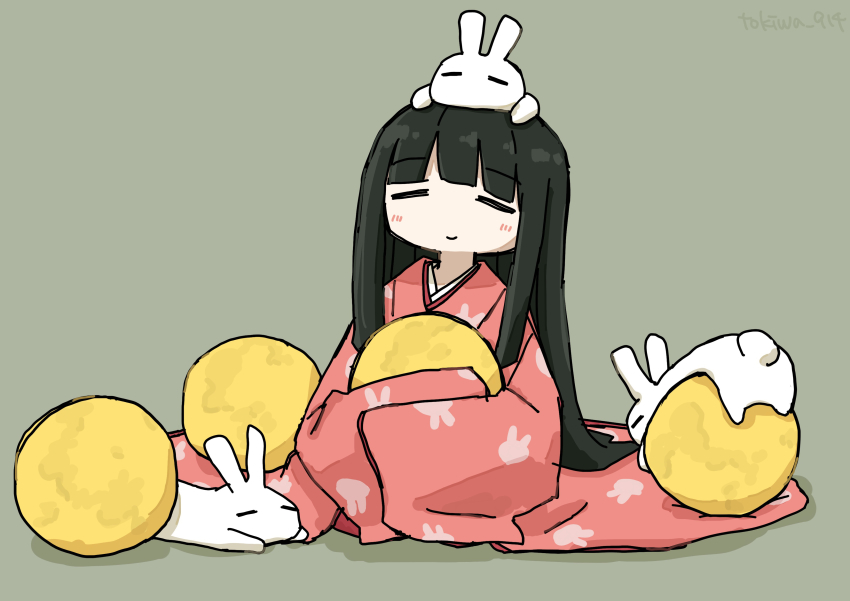 1girl absurdres animal animal_on_head animal_print black_hair closed_eyes closed_mouth facing_viewer full_body highres hime_cut holding_moon japanese_clothes kaguya_hime kimono long_hair long_sleeves moon on_head pink_kimono rabbit rabbit_print sidelocks simple_background sitting sleeves_past_fingers sleeves_past_wrists smile solo straight_hair taketori_monogatari tokiwa_(914) white_rabbit_(animal) wide_sleeves