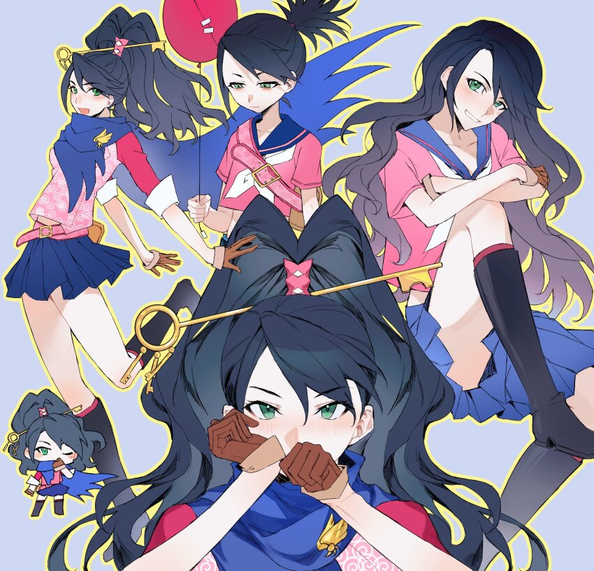 1girl ace_attorney ace_attorney_investigations ace_attorney_investigations:_miles_edgeworth balloon black_boots blue_background blue_scarf blue_skirt boots border brown_gloves gloves green_eyes hair_down high_ponytail highres kay_faraday key_hair_ornament knee_up multiple_views neckerchief pink_shirt pleated_skirt ponytail richost sailor_collar scarf shirt skirt white_neckerchief yellow_border