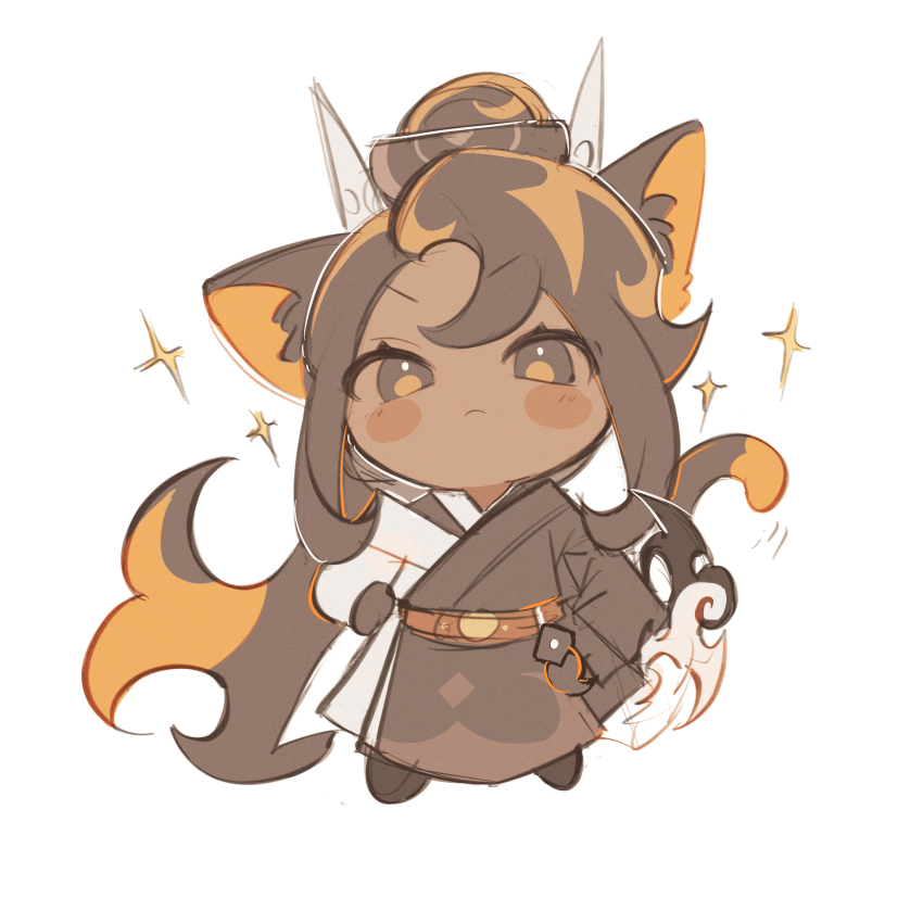 1girl androgynous animal_ears belt brown_belt brown_eyes brown_hair brown_kimono caramel_arrow_cookie cat_ears cat_girl cat_tail chibi chibi_only closed_mouth cookie_run cookie_run:_kingdom dark-skinned_female dark_skin facing_up frown full_body hadanugi_dousa hands_on_own_hips highres japanese_clothes kimono layered_clothes legs_apart long_sleeves looking_at_viewer motion_lines no_nose no_sclera open_clothes open_kimono orange_hair shu_(pjxv7485) sidelocks simple_background sketch solo sparkle sparkling_aura standing tail v-shaped_eyebrows white_background white_kimono
