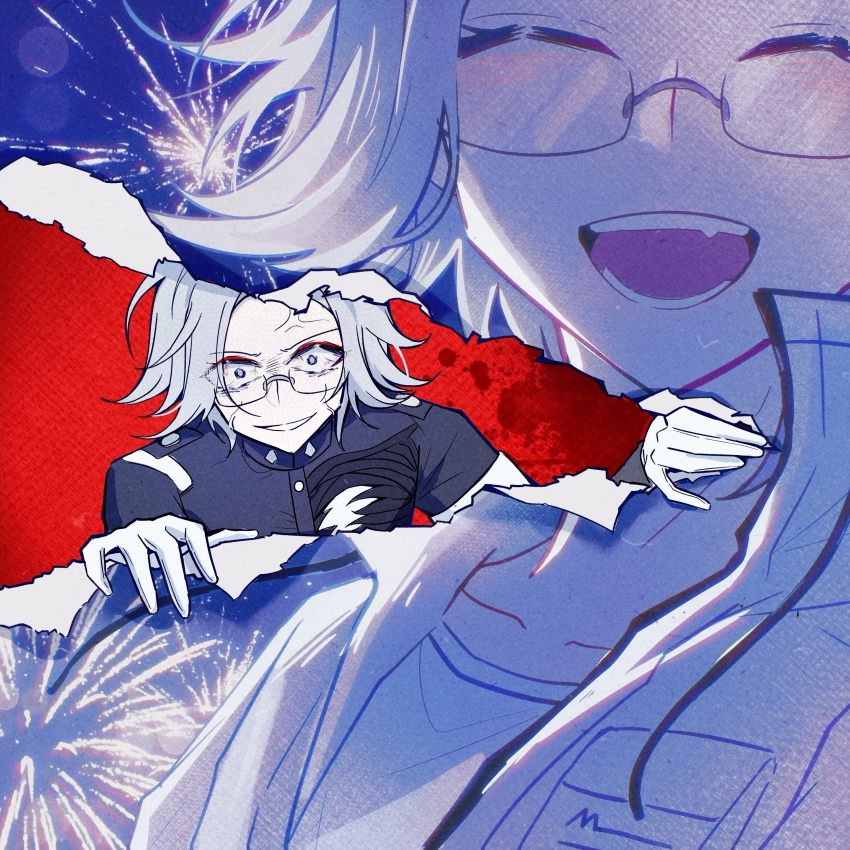 1boy ^_^ absurdres anger_vein aotsuki_eito armband black_jacket buttons chinese_commentary closed_eyes collarbone commentary_request constricted_pupils fang fireworks fourth_wall glasses gloves grey_hair grin highres jacket last_defense_academy_school_uniform male_focus mizongwenwu multiple_views open_clothes open_jacket open_mouth outdoors pocket purple_eyes rectangular_eyewear school_uniform semi-rimless_eyewear shirt short_hair smile spoilers the_hundred_line_-last_defense_academy- white_armband white_gloves white_jacket white_shirt