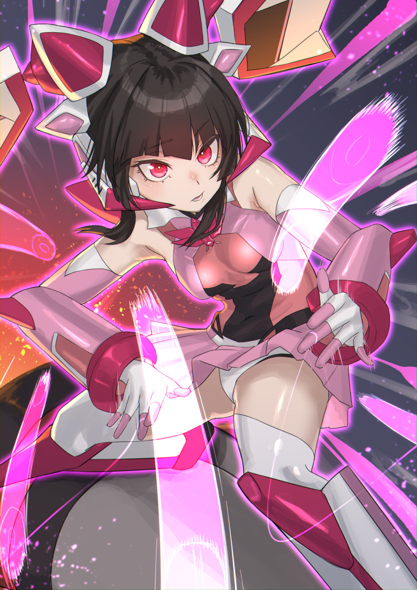 1girl arm_armor black_hair breasts commentary_request gloves haishima_xv headgear highres leotard open_mouth pink_eyes pink_skirt senki_zesshou_symphogear serious skirt small_breasts solo spinning_weapon symphogear_pendant thighhighs tsukuyomi_shirabe twintails white_thighhighs yo-yo