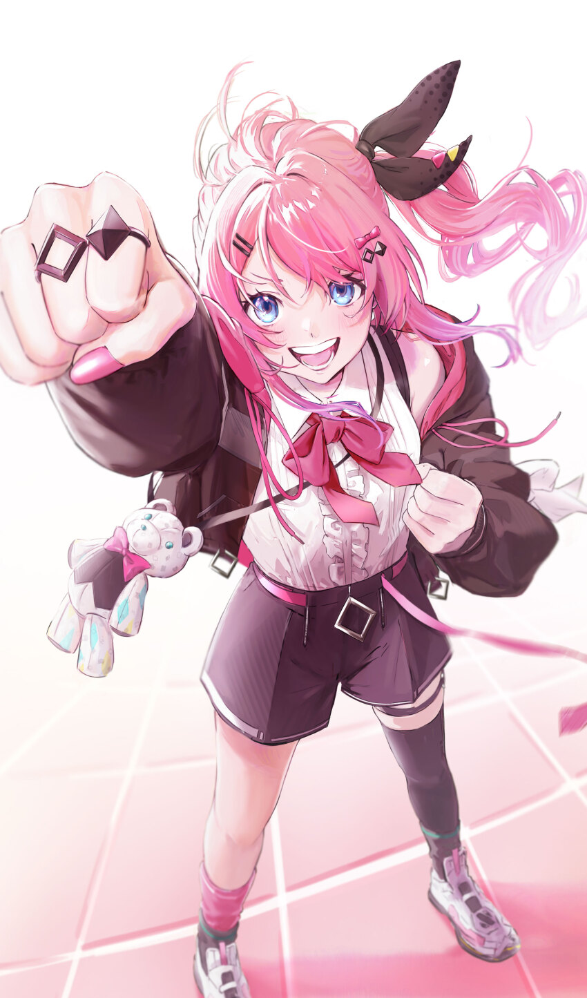 1girl absurdres arm_up belt black_hoodie black_ribbon black_shorts black_socks black_thighhighs blue_eyes blush bow bowtie center_frills clenched_hand commentary fingernails frilled_shirt frills hair_bow hair_ornament hair_ribbon hair_rings hairclip highres hood hoodie kuramochi_meruto kuramochi_meruto_(1st_costume) long_hair long_sleeves looking_at_viewer mismatched_socks nail_polish nijisanji open_mouth pink_belt pink_bow pink_bowtie pink_hair pink_nails pink_socks rene_(kuramochi_meruto) ribbon sabae_38 shirt shoes shorts side_ponytail single_thighhigh sleeveless sleeveless_shirt smile sneakers socks socks_over_thighhighs solo teeth thigh_strap thighhighs thighs tile_floor tiles virtual_youtuber white_shirt white_shoes