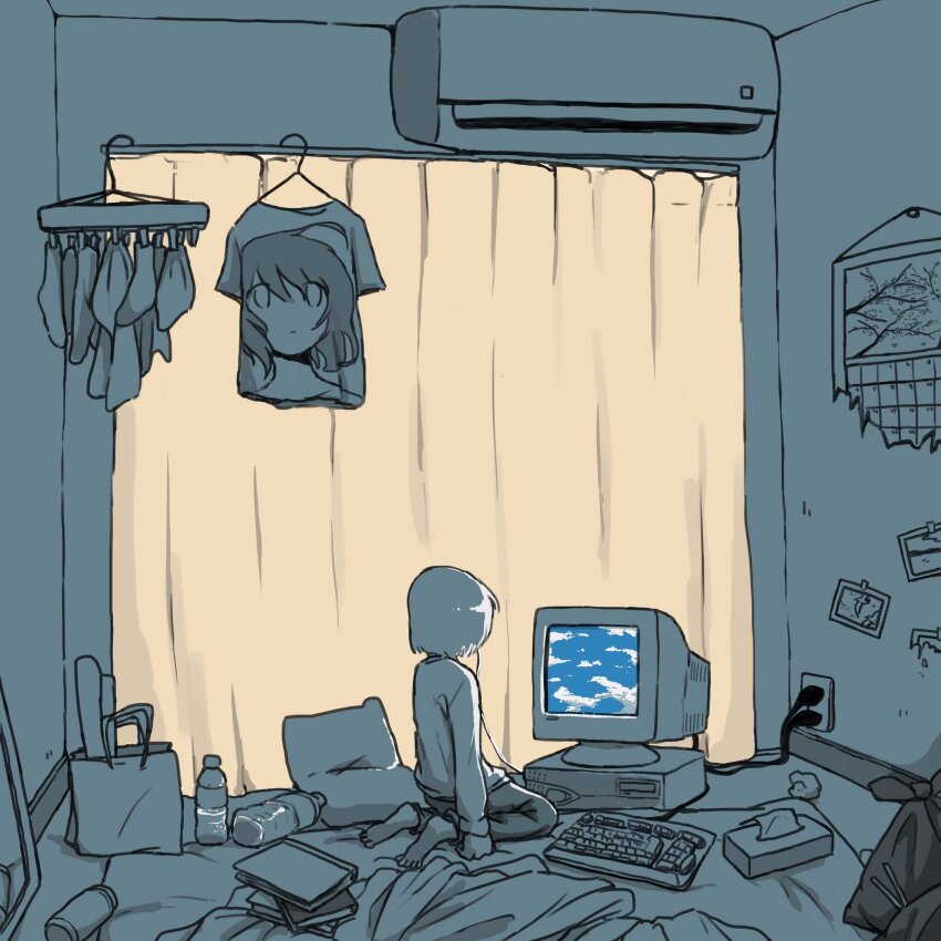 1other air_conditioner album_cover androgynous at_computer barefoot blue_theme book book_stack calendar_(object) clothes_hanger clothes_rack cloud commentary_request computer cover crt crumpled_paper dark_room earbuds earphones facing_away futon highres indoors computer_keyboard kneeling limited_palette long_sleeves messy_room on_floor original pants photo_(object) pillow plastic_bottle print_shirt shirt short_hair solo tissue_box torn_photo umi_ha_kirai unworn_shirt wide_shot