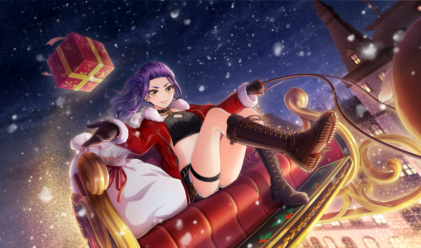1girl bangs_pinned_back belt black_belt black_shorts blurry boots box brown_boots brown_gloves christmas cinderella_series cleavage_cutout clothing_cutout depth_of_field dutch_angle ear_piercing game_cg gift gift_box gloves hachigatsu_no_cinderella_nine high_ponytail highres holding holding_leash izumida_kyouka jacket leash leather leather_jacket long_hair long_sleeves looking_at_viewer night night_sky non-web_source official_art open_clothes open_jacket orange_eyes outdoors piercing ponytail purple_hair red_jacket riding sack shorts sitting sky sleigh smile snowing solo tossing v-shaped_eyebrows