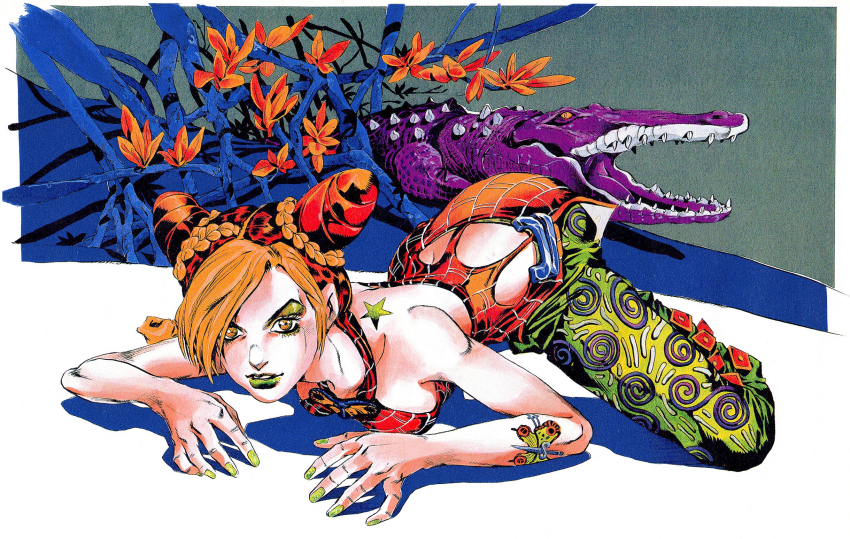 1girl 2012 all_fours araki_hirohiko artist_name bare_legs braid double_bun flower green_background hair_bun highres jojo_no_kimyou_na_bouken kuujou_jolyne looking_at_viewer official_art pants parted_lips simple_background smile source_request stand_(jojo) stone_free stone_ocean wide_hips