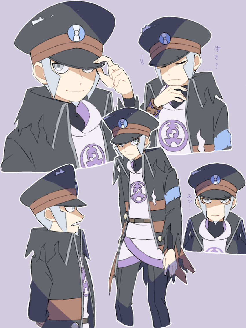 1boy 2002-222 armband armlet belt black_coat black_hat black_pants black_undershirt blue_armband closed_eyes closed_mouth coat facial_hair goatee grey_eyes grey_hair hand_on_headwear hat hat_tip highres ingo_(pokemon) jewelry light_smile looking_at_viewer nintendo open_mouth pants pearl_clan_outfit pokemon pokemon_legends:_arceus purple_background scratching_chin short_hair sideburns slouching torn_clothes torn_coat turtleneck undershirt