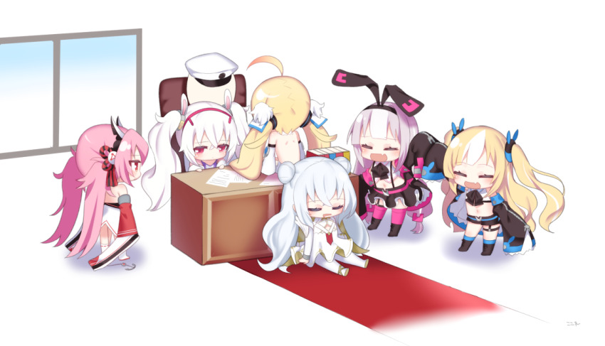 6+girls :d ahoge animal_ears azur_lane backless_dress backless_outfit black_footwear black_hairband black_jacket black_ribbon black_skirt blonde_hair blue_legwear blush book boots cameltoe camisole chair chibi closed_eyes closed_mouth commander_(azur_lane) commentary_request desk double_bun dress drooling eldridge_(azur_lane) fang hair_between_eyes hair_bun hair_ribbon hairband hamakaze_(azur_lane) hat headgear hobby_(azur_lane) jacket kalk_(azur_lane) kneehighs kokone_(coconeeeco) laffey_(azur_lane) le_malin_(azur_lane) long_hair long_sleeves looking_away mouth_drool multicolored_hair multiple_girls office_chair on_chair open_clothes open_jacket open_mouth pantyhose peaked_cap pink_hair pink_legwear pleated_skirt profile rabbit_ears red_eyes red_hairband ribbon sitting skirt sleeping sleeves_past_fingers sleeves_past_wrists smile socks standing streaked_hair swivel_chair thighhighs twintails two_side_up very_long_hair white_background white_camisole white_dress white_hair white_headwear white_legwear wide_sleeves window
