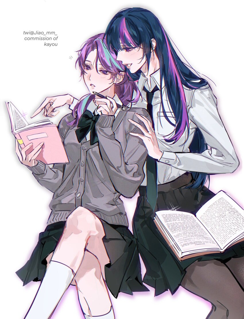 2girls aegyo_sal alternate_skin_color aqua_hair black_bow black_bowtie black_hair black_pantyhose black_skirt book book_on_lap bow bowtie buttons cardigan chromatic_aberration collared_shirt commission crossed_legs feet_out_of_frame fingernails green_necktie grey_cardigan grin hair_between_eyes hair_over_shoulder hand_on_another&#039;s_shoulder high_ponytail highres holding holding_book holding_pen invisible_chair kneehighs lips long_hair long_sleeves m_omoo medium_skirt multicolored_hair multiple_girls my_little_pony my_little_pony:_equestria_girls my_little_pony:_friendship_is_magic necktie outline pantyhose parted_lips pen pen_to_chin pink_hair pink_outline pleated_skirt pointing pointing_at_object ponytail profile puffy_long_sleeves puffy_sleeves purple_eyes purple_hair school_uniform shirt shirt_tucked_in simple_background sitting skirt sleeves_past_wrists smile socks starlight_glimmer starlight_glimmer_(equestria_girls) straight_hair streaked_hair turning_around twilight_sparkle twilight_sparkle_(human) twitter_username two-tone_hair very_long_hair white_background white_shirt white_socks wing_collar