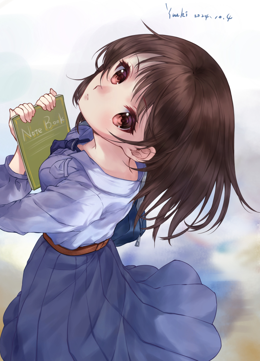 1girl abstract_background absurdres ame_oto_aw artist_name bag belt blue_bag breasts brown_belt brown_eyes brown_hair choppy_bangs closed_mouth commentary_request dated expressionless floating_clothes hands_up highres holding holding_notebook light_blush long_hair long_skirt long_sleeves looking_at_viewer looking_up medium_breasts necktie notebook original pleated_skirt purple_necktie purple_shirt purple_skirt school_bag shirt skirt solo standing zipper_pull_tab